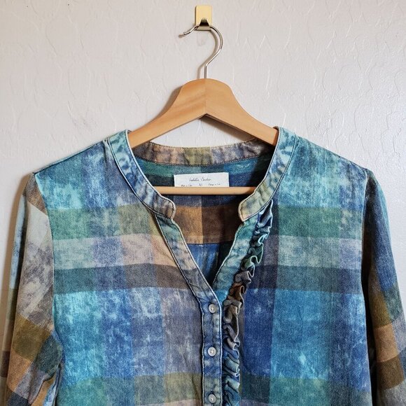 Anthropologie Isabella Sinclair Plaid Ruffle Henley Top Acid Wash Size Womens XS - Picture 3 of 11